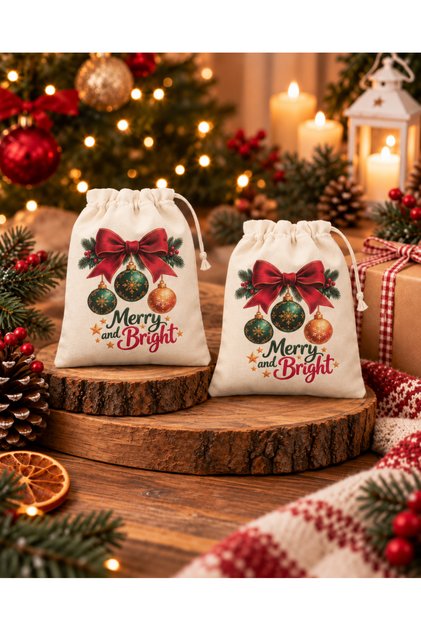 New Year and Christmas Patterned Lace-Up Fabric Gift Bag 2 Pcs 20X25Cm