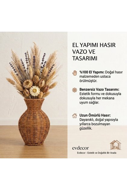 MEVASA HOME Dekoratif El Yapımı Hasır Görünümlü Rattan Vazo – Bohem Salon,Mutfak ve TV Ünitesi Dekoru