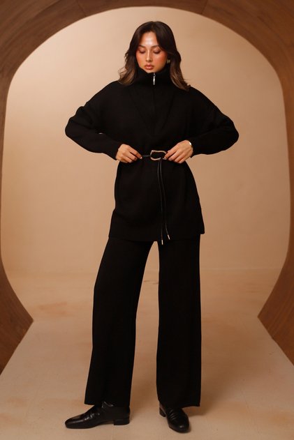 Women's Half Zipper Wide Collar Hijab 2-Piece Knitwear Set 4816 Black