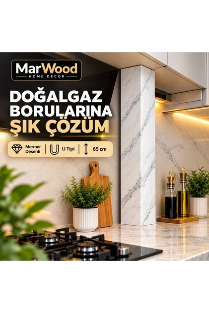 MW U Tipi Doğalgaz Borusu Gizleme Aparatı – Mermer Desenli Dekoratif Mutfak Boru Kapatıcı 65 CM X 9 CM