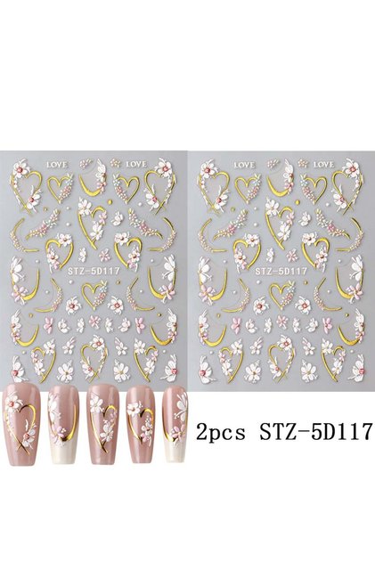 2pcs STZ-5D117 2pcs 5D Embossed Flower Nail Art Stickers Golden Love Heart & White Pink Petals Desig