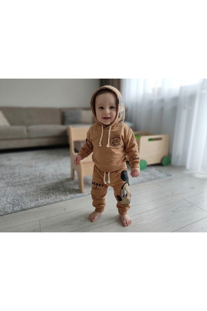 Hooded Cartoon Printed Sweat Pants 2-Piece Baby Girl and Boy Set (Compatible for 6-9 Months)