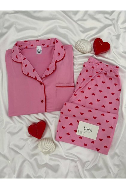 Red Heart Patterned Pink Milan Pajama Set