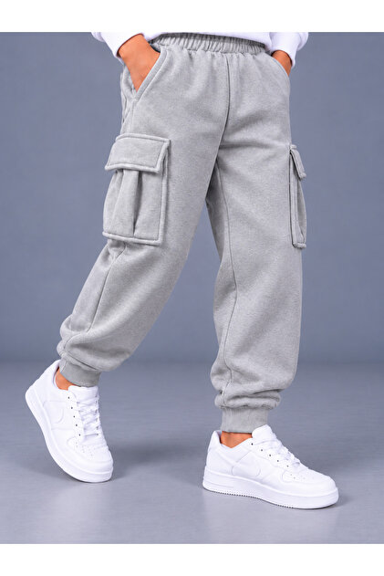 Unisex Children's Gray Cargo Pocket Sweatpants 3-Thread Shardoon Fabric (Thick-Winter)