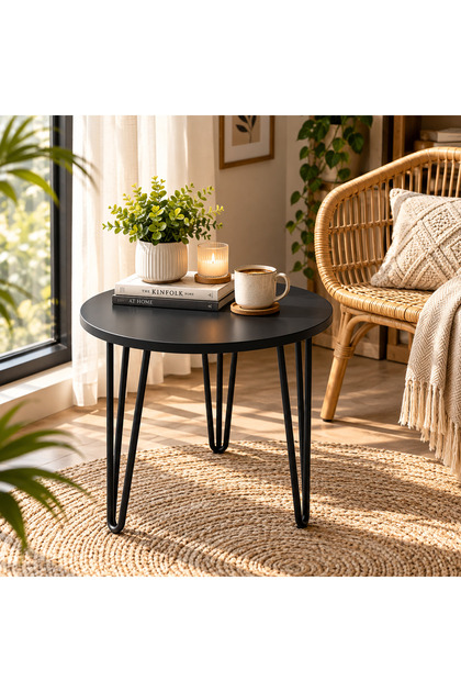 طاولة جانبية دائرية مودرن بتصميم أنيق وأرجل حديدية رفيعة – سطح MDF عملي ومتعدد الاستخدامات للقهوة والضيافة وبجانب الأريكة والسرير وغرفة المعيشة – مقاس 40 × 40 × 41 سم
