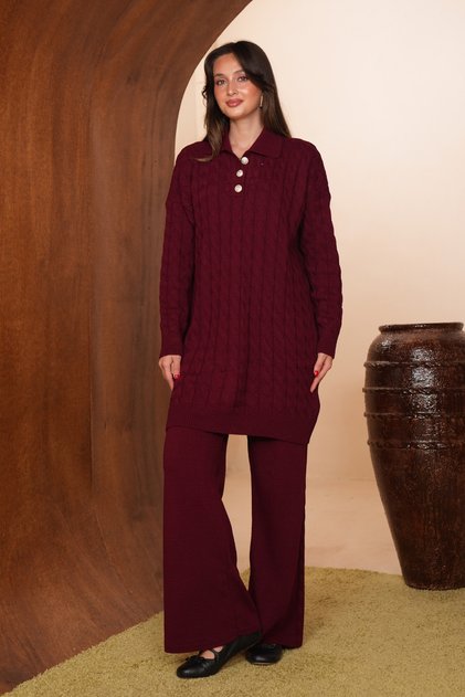 Women's Polo Collar Hair Braided Textured 2-Piece Hijab Knitwear Set 8568 Claret Red