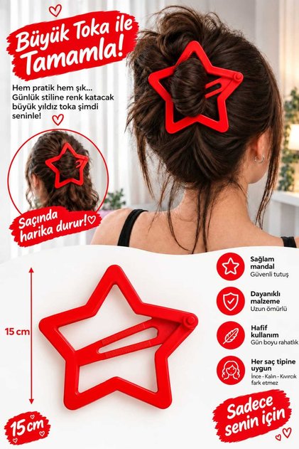Yıldız Desenli Saç Tokası/Aksesuarı – Big Hair Clip 15 Cm (Kırmızı)