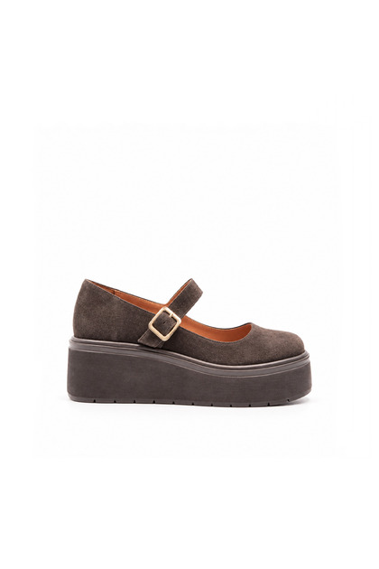 Kahverengi Süet Kadın Mary Jane Ayakkabı Tokalı 6,5 cm Flatform Kalın Taban