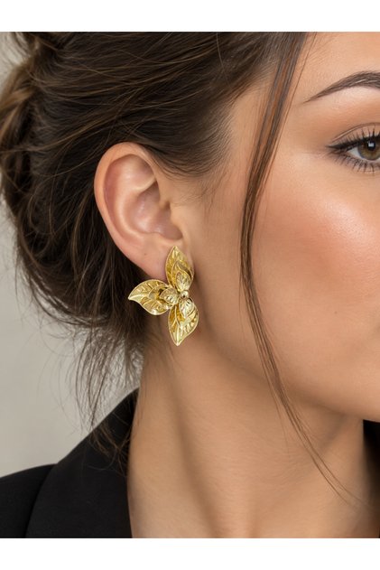 Women's Gold Flower Model Large Earrings Stylish and Modern Design