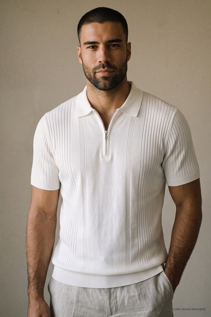 Erkek Günlük Premium Çizgili Beyaz Polo Yaka T Shirt