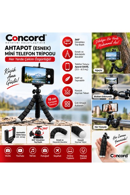 Ahtapot Esnek Mini Telefon Tripodu - 360° Döner Başlıklı - 18 cm Vlogging & TikTok Çekim Ayak