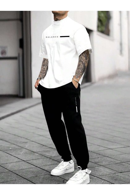 3 İplik Balance Line T-Shirt Sweatpants - White Black Jogger T-Shirt Bottom Top Set Oversize Crew Neck