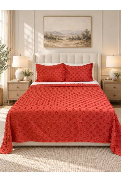 New Year's Special Color Pompom Patterned 3 Pieces Double Bedspread Tile