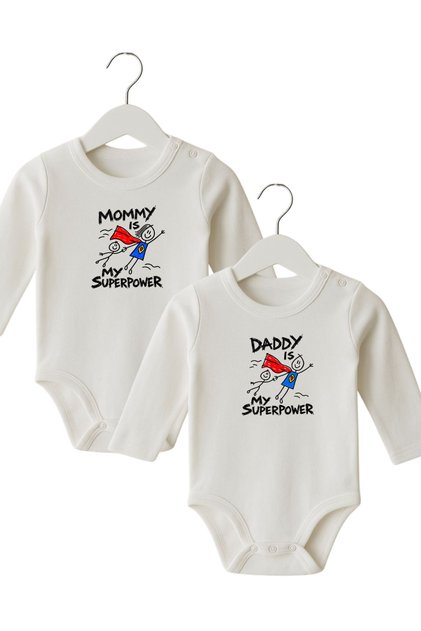 Mom and Dad Themed Mommy Daddy Printed Long Sleeve Snap Fastener Baby Bodysuit 100% Cotton