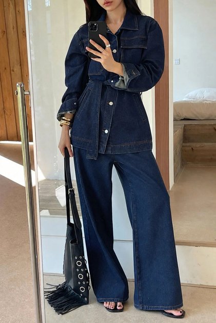 Dark Navy Tie-Detail Denim Set Oversized Jacket and High-Waist Pants