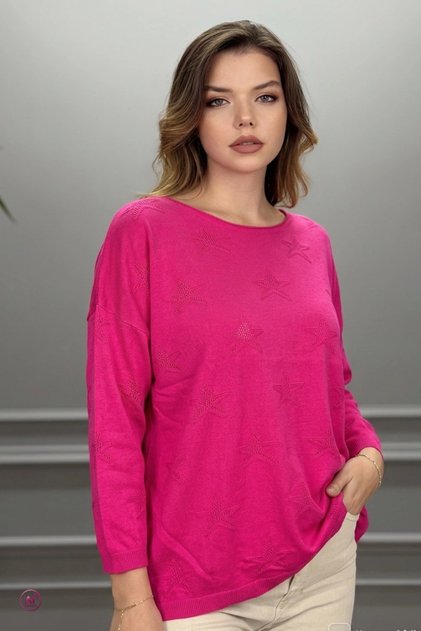 Women's Pink Boat Neck Star Openwork Lycra 100% Cotton Yarn Thin Knitwear Blouse
