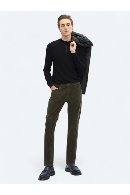 Khaki Woven Slim Fit Velvet Casual Cotton Blended Pants