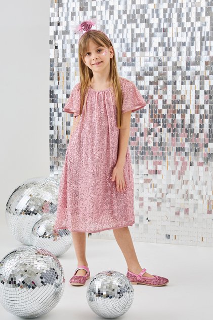 Pink Sequined Short Sleeve Girl's Dress-Siri