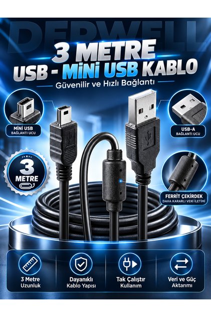 3 Metre 3mt Usb Kablosu Ps3 2.0 A Erkek Mini B 5Pin Bağlantı Noktası Mini USB Cihazlar İçin Kablo