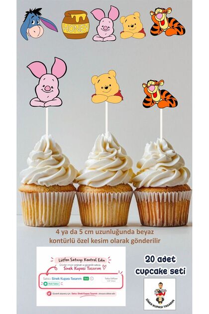 Winnie the Pooh Themed Concept Toothpick Cupcake Decoration Birthday Ornament *20-Pack Thick Paper