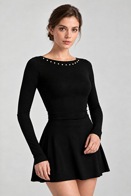 Collar Pearl Embellished Soft Fabric Boat Neck Long Sleeve Blouse