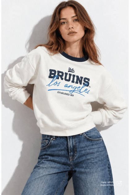 Mello Bone Color Crew Neck Crop Printed Loose Fit Women's Sweatshirt