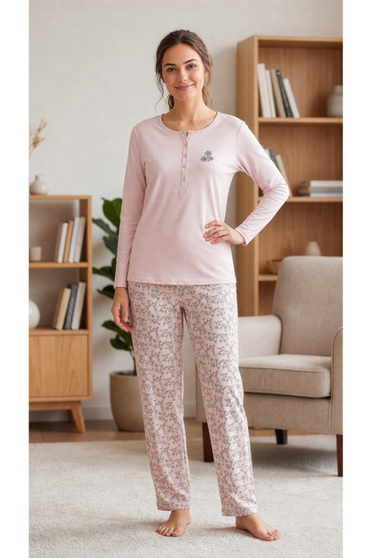 Women's Viscose Pajamas Set Winter Long Sleeve Placketed Buttoned Collar Patterned Trousers m L XL XXL 89-156
