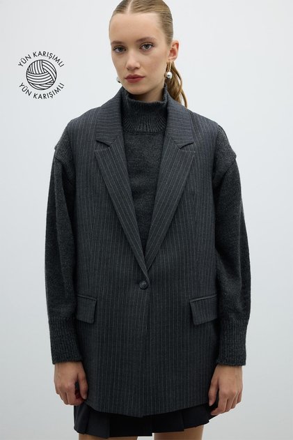 Lurex Çizgili Erkek Yaka Yelek Gri K2617010_004