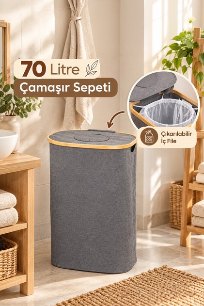 Mio-101 Bambu Banyo Kirli Çamaşır Sepeti Banyo Düzenleyici Sepet 44X66 cm