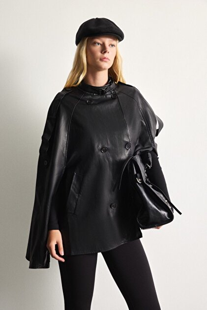Leather Look A-Line Turtleneck Double-Breasted Buttoned Cape Coat I2469Ax26Au