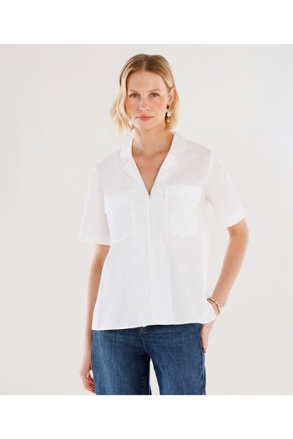 Front Zipper Short Sleeve Blouse