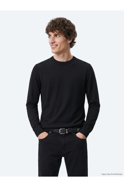 Black Crew Neck Plain Knit Wool Blended Sweater