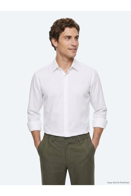 Beyaz Regular Fit Uzun Dokuma Casual %100 Pamuk Gömlek