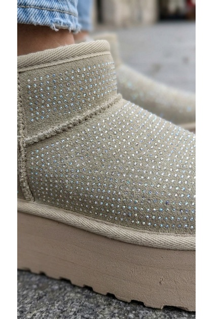Women's Stoned Beige High Sole Ultra Mini Suede Boots with Fur Inside 4.5cm Byndum02
