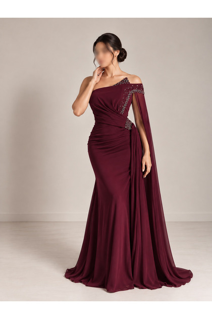 Burgundy one-sleeve evening dress