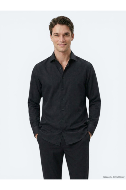 Black Plain Regular Fit Long Woven Classic Cotton Blend Shirt