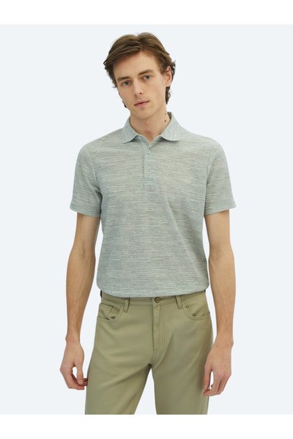 Light Khaki Printed Polo Neck Cotton Blended T-Shirt
