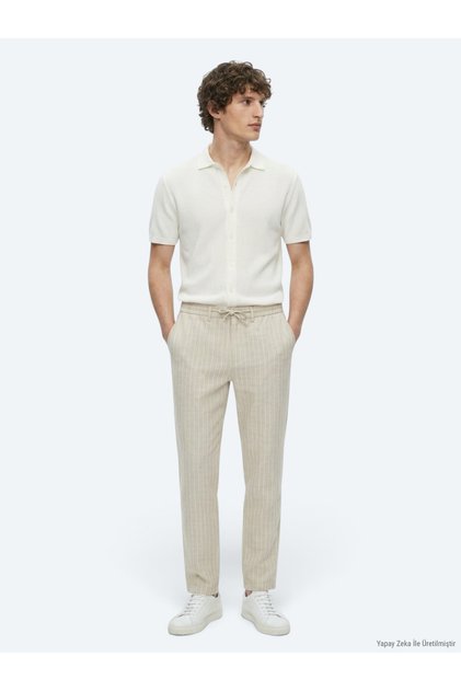 Beige Striped Woven Jogging Fit Casual Linen Blend Trousers
