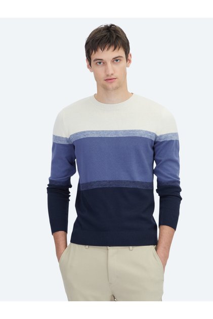Navy Blue Crew Neck Jacquard Cotton Blend Knit Sweater