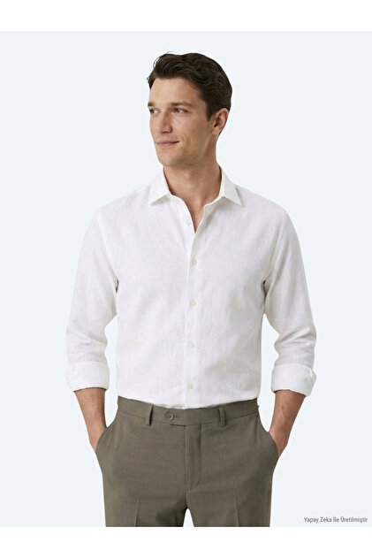 White Regular Fit Long Woven Casual Cotton Blend Shirt