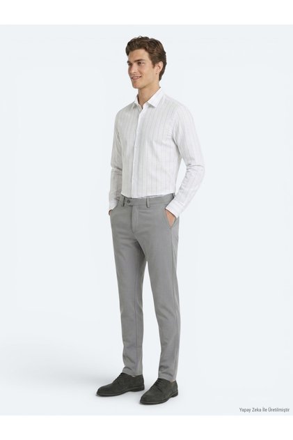 Gray Plain Woven Slim Fit Casual Trousers