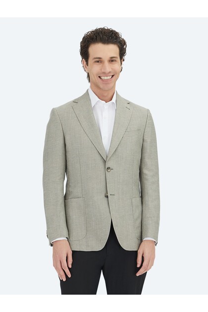 Haki Düz Modern Fit Yün Karışımlı Ceket