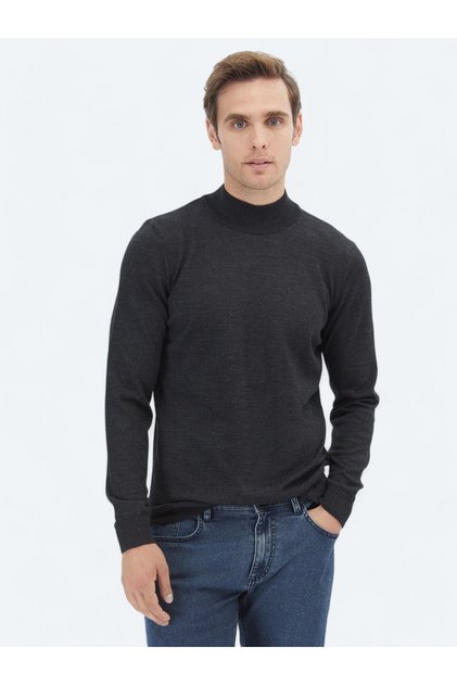 Anthracite Half Turtleneck Plain Knit Wool Blended Sweater