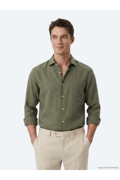 Haki Regular Fit Uzun Dokuma Casual Pamuk Karışımlı Gömlek