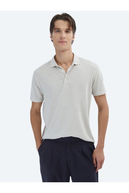 Bej Çizgili Polo Yaka Pamuk Karışımlı T-Shirt