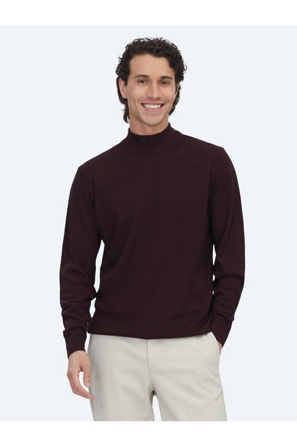 Burgundy Half Turtleneck Jacquard Wool Blended Sweater