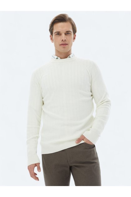 Ecru Crew Neck Patterned Knitwear Sweater