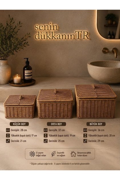 Luxury Rattan 3-Piece Organizer Basket with Lid - Bathroom and Home Organizer Set Mrl-105A