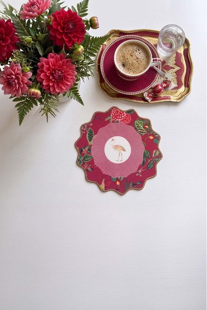 Burgundy Embroidery Edge Fabric Cocktail Napkin with Botanical Flower and Stork Design 1 Piece