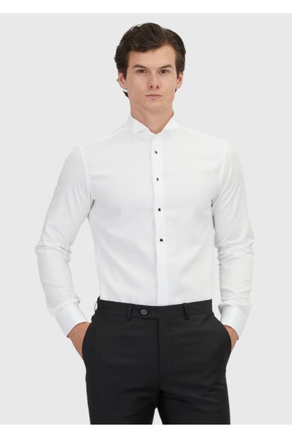 White Slim Fit Plain Cuff Tuxedo Shirt